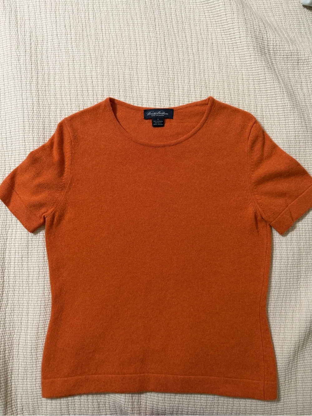 Brooks Brothers 100% Pure Cashmere Short Sleeve Sweater Orange Crewneck Size M